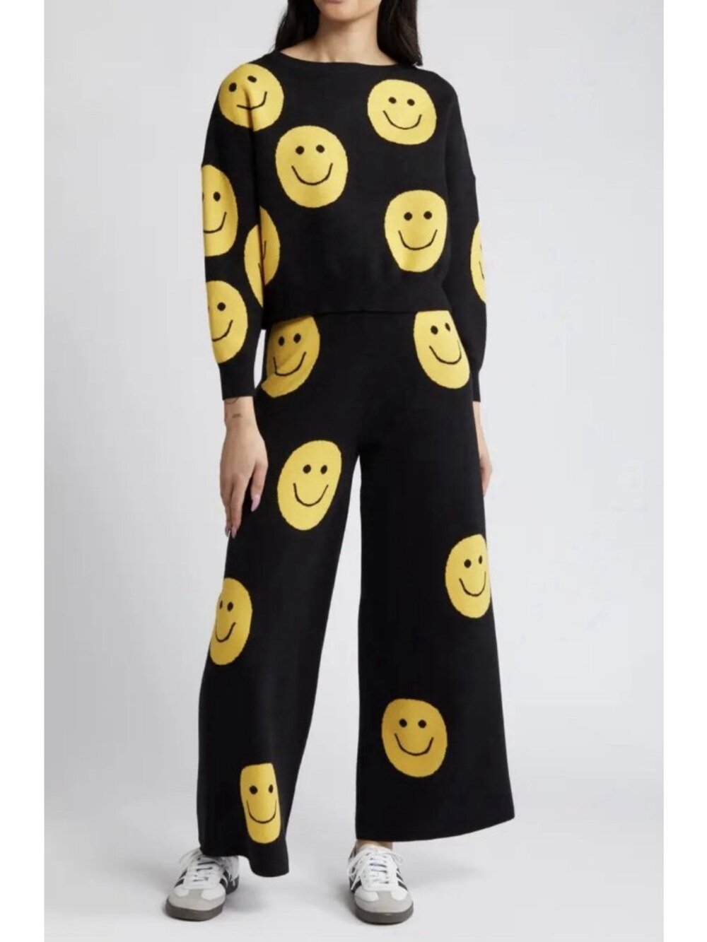 Dressed in Lala Women’s XL Smiley Face Cropped Sweater Wide Leg Pants Set 14/16